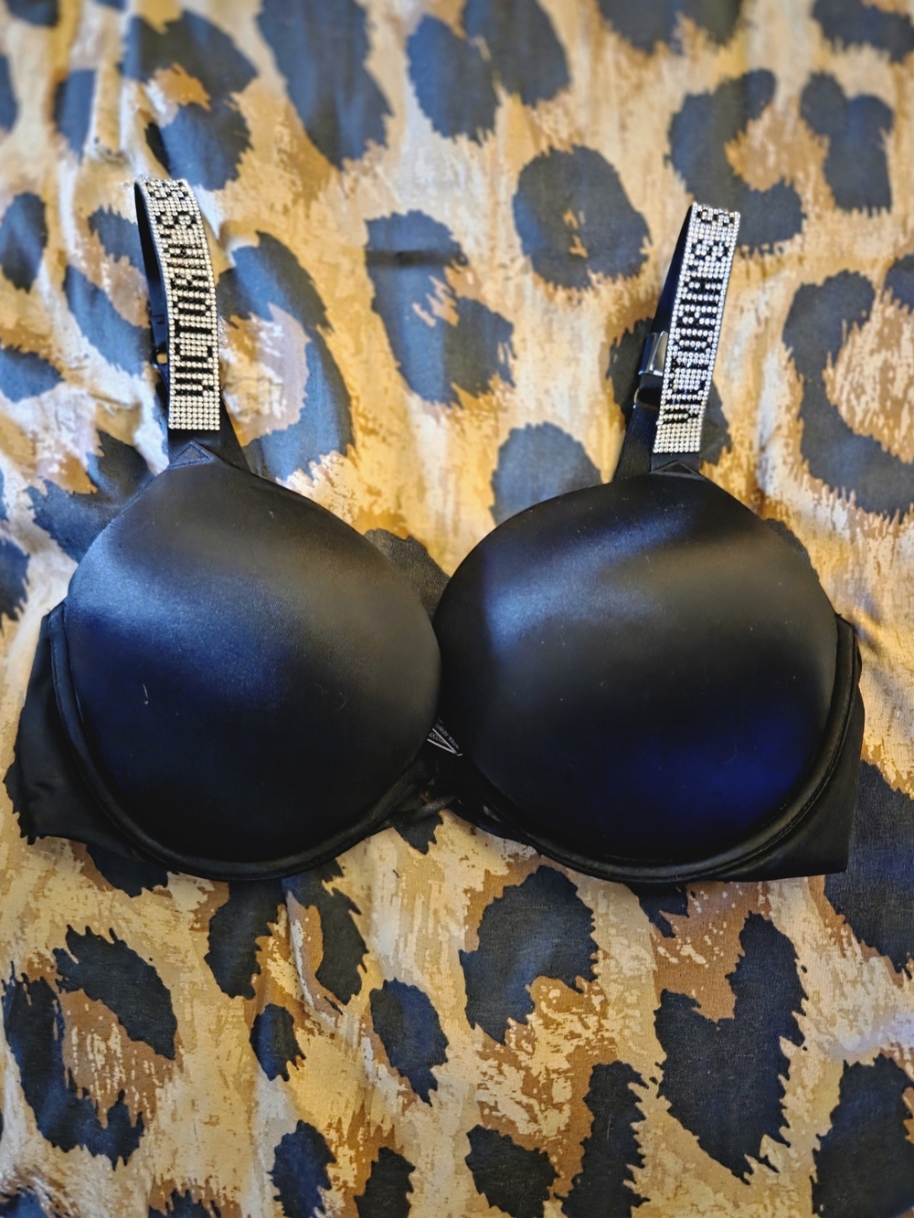 Victoria's Secret Black Push-Up Bra with Rhinestone Logo Straps